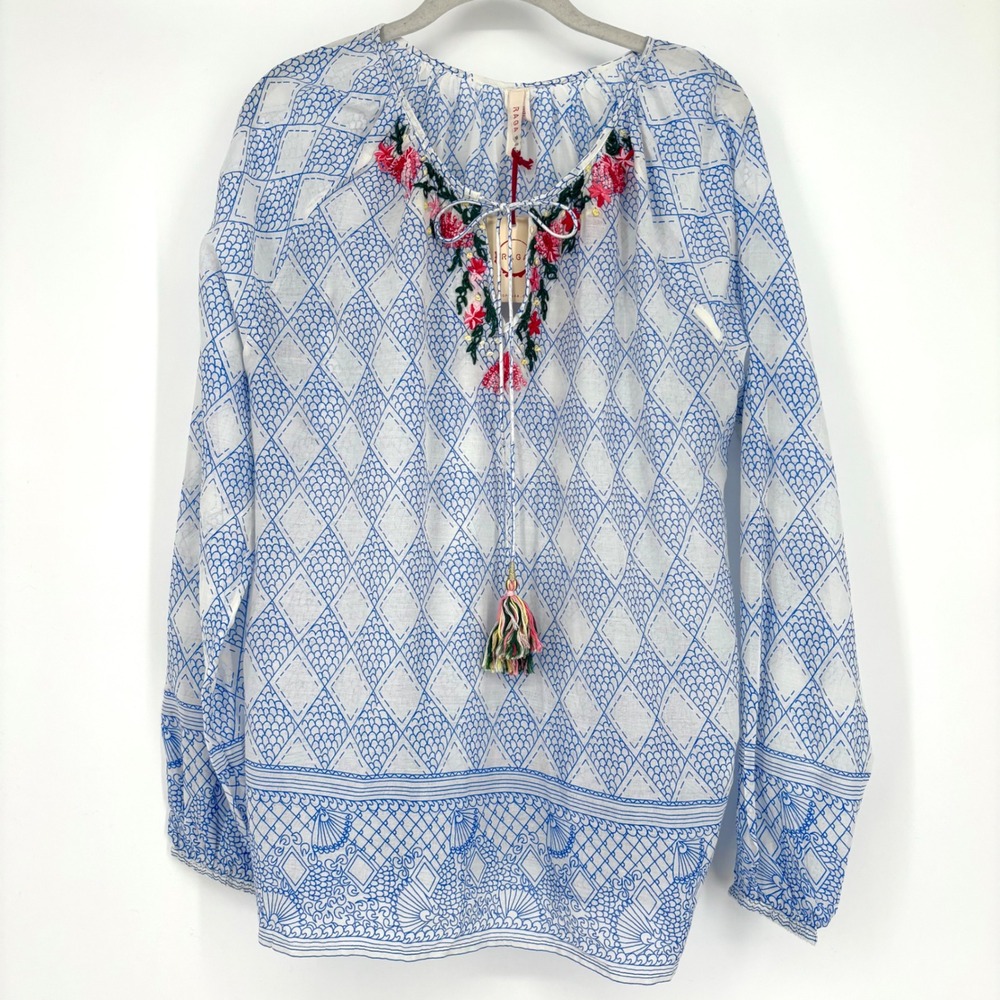 NWT RAGA‎ Floral Embroidered Tassel Blouse Sz M 100% Cotton Blue White Tie Neck